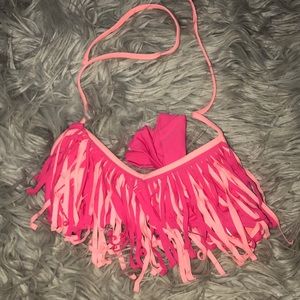 A pink and coral fringe bikini top